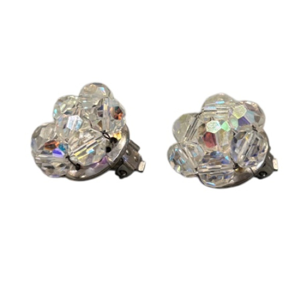 Vintage Earrings Aurora Borealis Crystal Beaded Flowers Clip On 50s 60s Jewelry - Picture 4 of 16